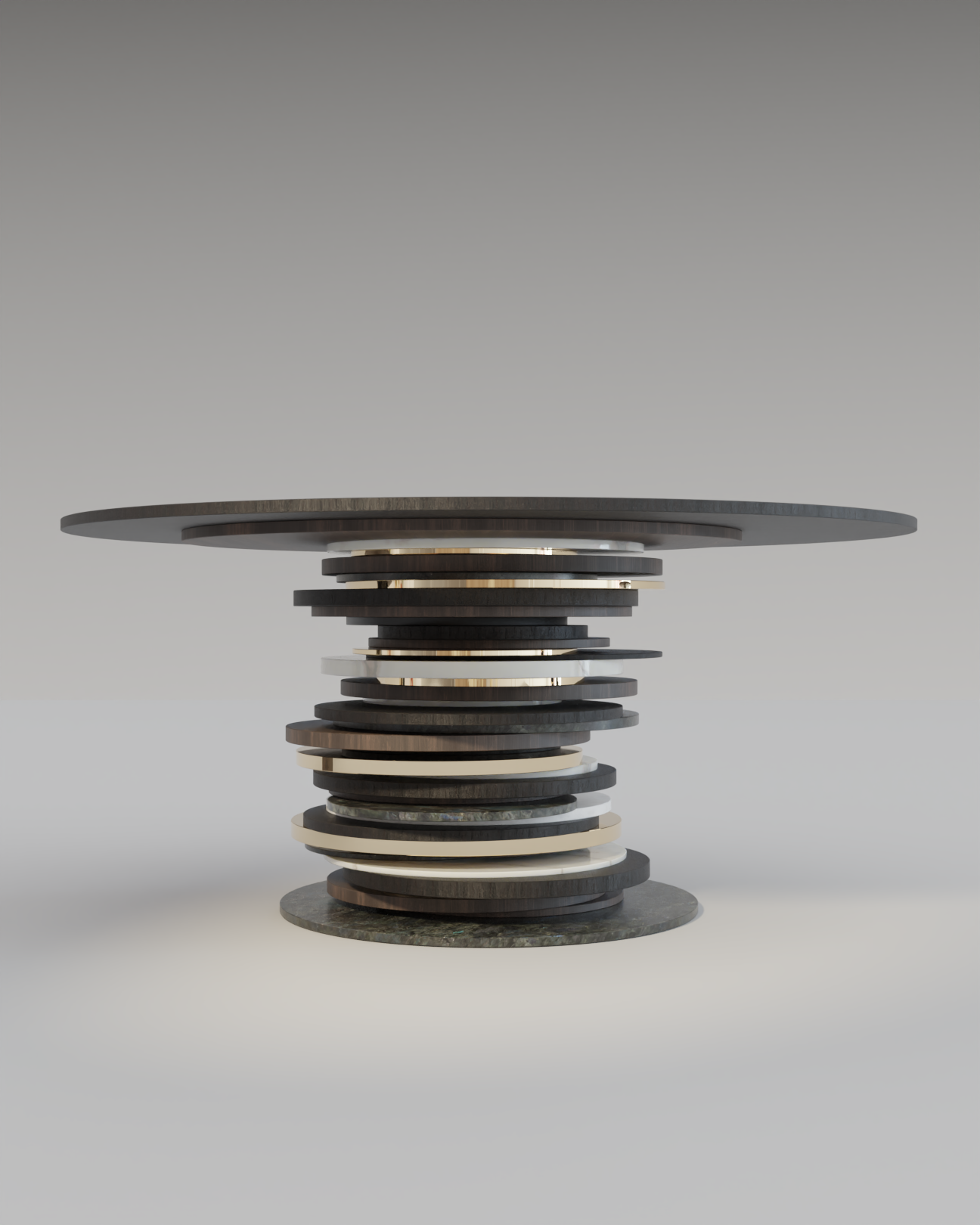Stratum Table 75 x 160 cm
Moabi, Walnut, Labradorite, marble, polished brass